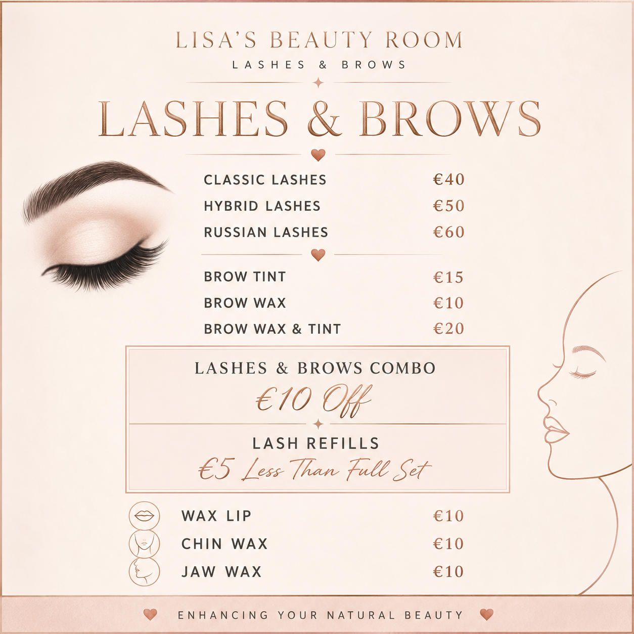 Lisa's lashes and brows price card